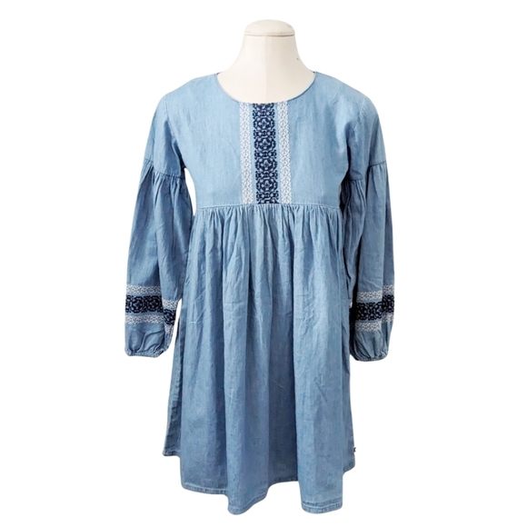 Lucky Brand Other - Lucky Brand Girls XL Denim Blue Long Sleeve Dress Chambray Embroidered Peasant